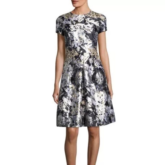 EUC David Meister Dress Floral Jacquard Metallic Cocktail Party Dress Size 8 - Picture 2 of 5